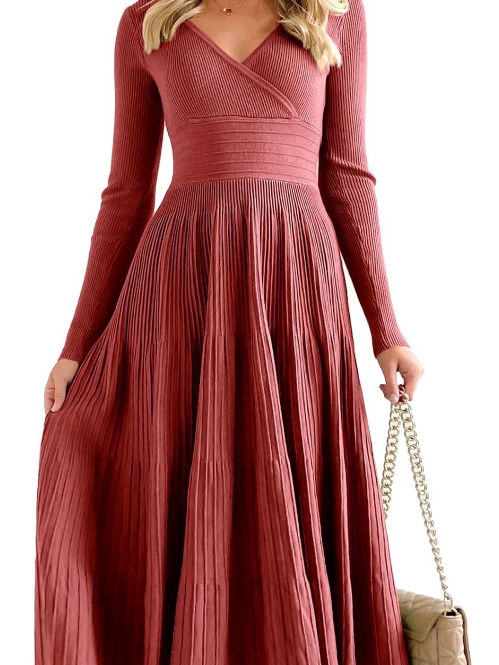 Ribbed Wrap V-Neck Maxi Sweater Dress in Wine Red Size XL